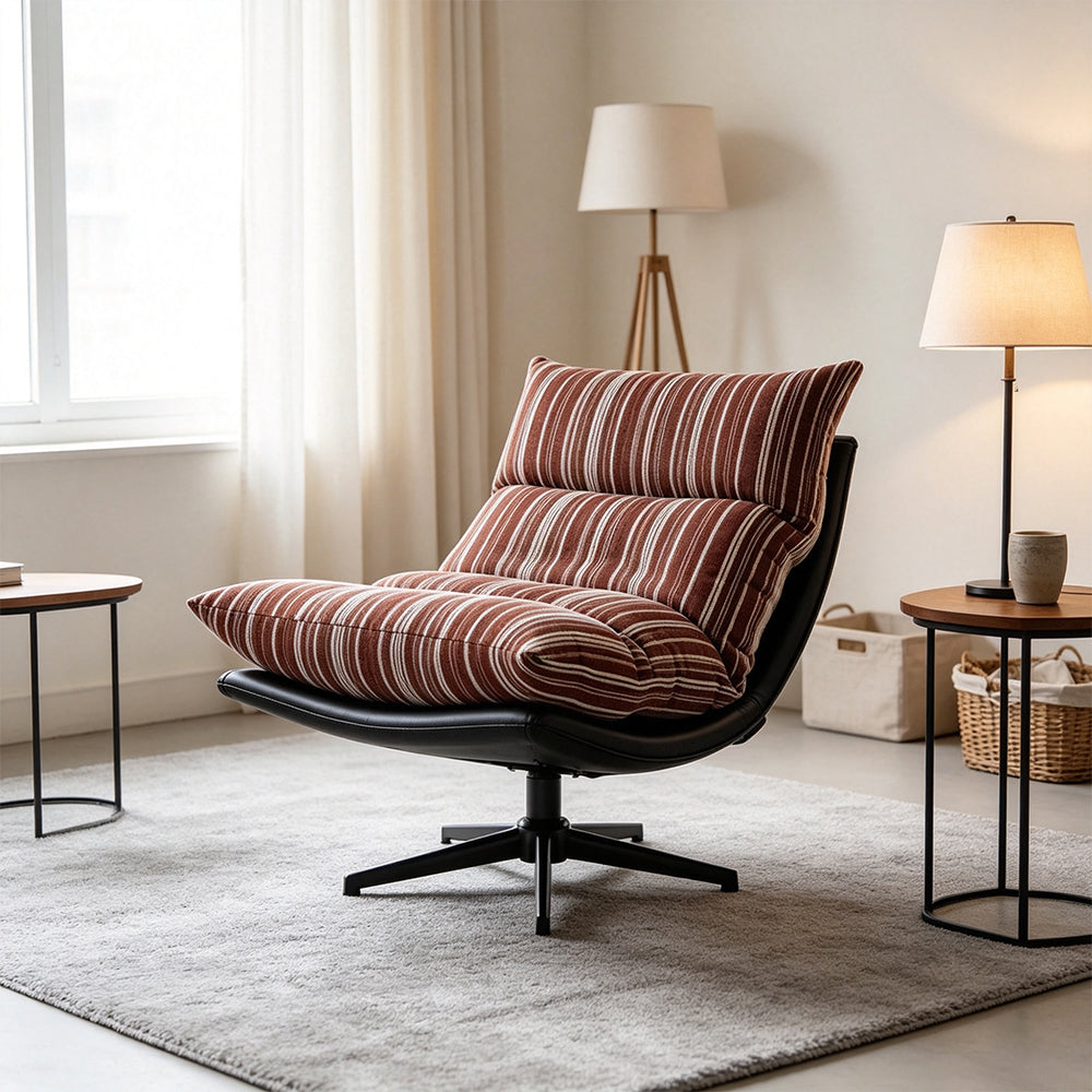 LIVARA Lounge Chair - Stripe Fabric Upholstery with Adjustable Height and 360-Degree Swivel Base, Modern Relaxing Chair for Living Room & Bedroom - Red & White