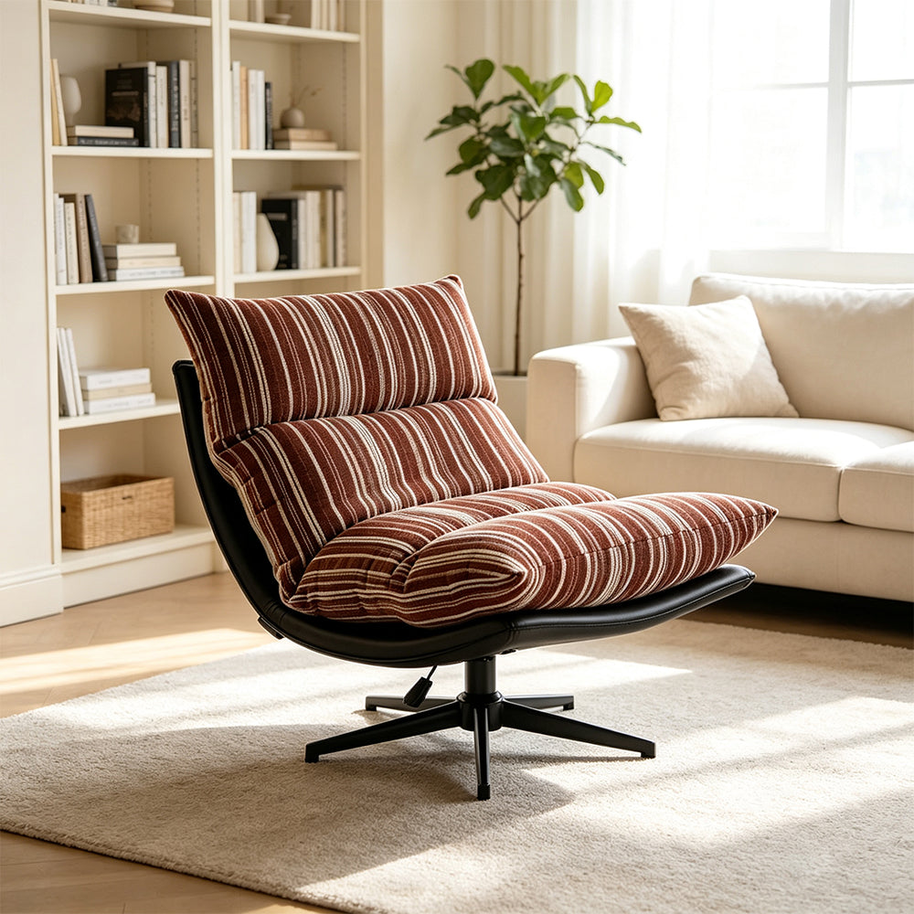 LIVARA Lounge Chair - Stripe Fabric Upholstery with Adjustable Height and 360-Degree Swivel Base, Modern Relaxing Chair for Living Room & Bedroom - Red & White