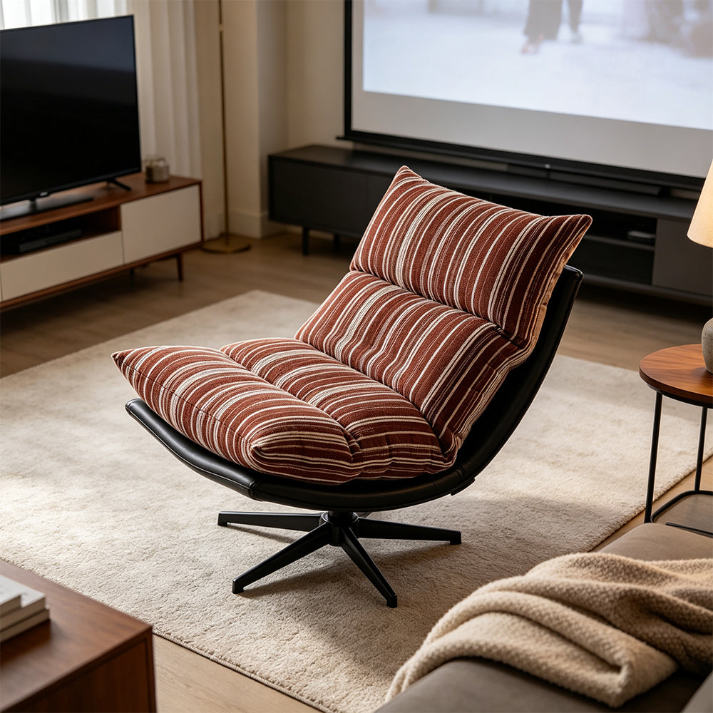 LIVARA Lounge Chair - Stripe Fabric Upholstery with Adjustable Height and 360-Degree Swivel Base, Modern Relaxing Chair for Living Room & Bedroom - Red & White