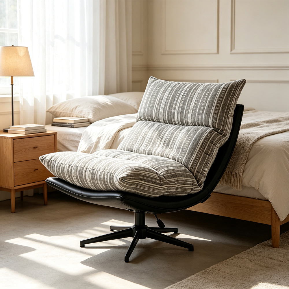 LIVARA Lounge Chair - Stripe Fabric Upholstery with Adjustable Height and 360-Degree Swivel Base, Modern Relaxing Chair for Living Room & Bedroom - Grey & White