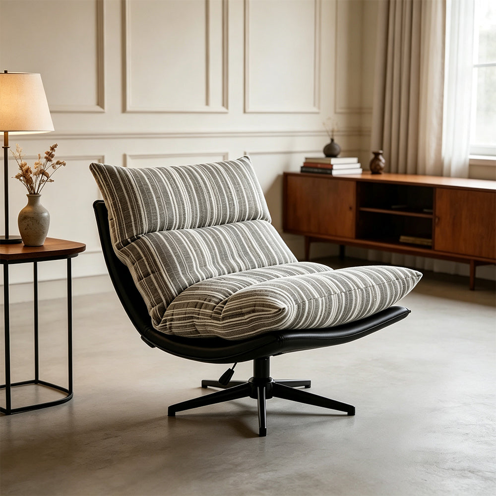 LIVARA Lounge Chair - Stripe Fabric Upholstery with Adjustable Height and 360-Degree Swivel Base, Modern Relaxing Chair for Living Room & Bedroom - Grey & White