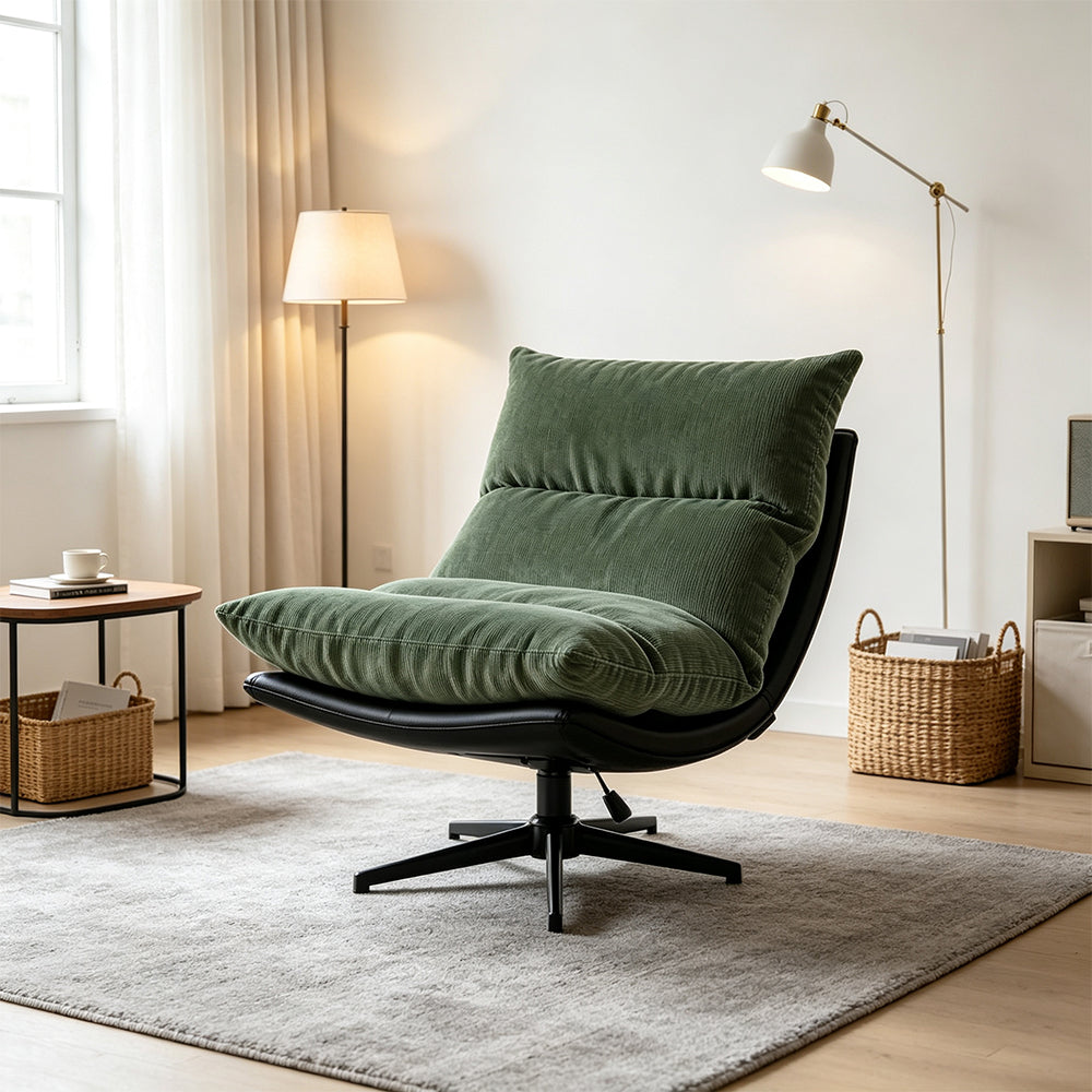 LIVARA Lounge Chair - Corduroy Upholstery with Adjustable Height and 360-Degree Swivel Base, Modern Reclining Accent Chair for Living Room & Bedroom - Green