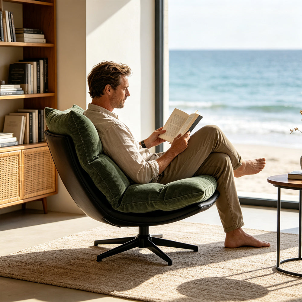 LIVARA Lounge Chair - Corduroy Upholstery with Adjustable Height and 360-Degree Swivel Base, Modern Reclining Accent Chair for Living Room & Bedroom - Green