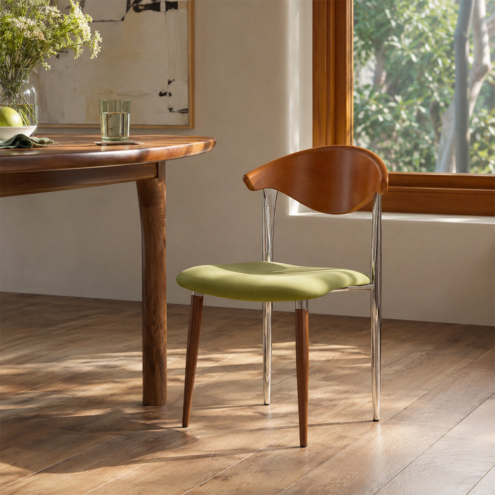 LIVARA Dining Chair - Walnut Wood Backrest with Velvet Seat and Metal Legs, Mid Century Accent Chair for Dining Room & Bedroom - Green