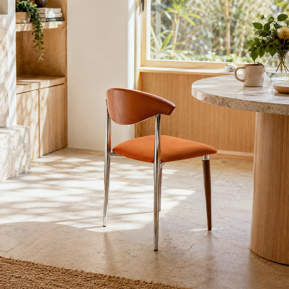 LIVARA Dining Chair - Walnut Wood Backrest with Velvet Seat and Metal Legs, Mid Century Accent Chair for Dining Room & Bedroom - Orange