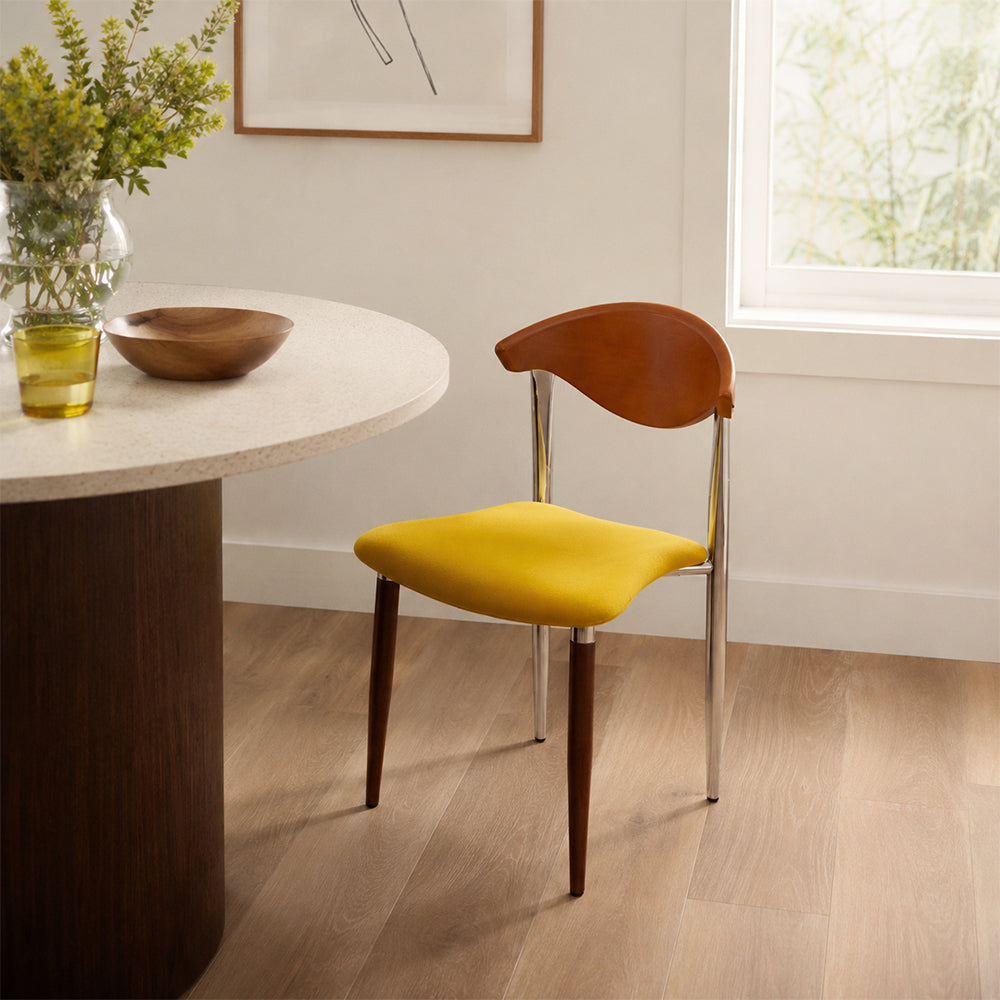 LIVARA Dining Chair - Walnut Wood Backrest with Velvet Seat and Metal Legs, Mid Century Accent Chair for Dining Room & Bedroom - Yellow