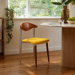 LIVARA Dining Chair - Walnut Wood Backrest with Velvet Seat and Metal Legs, Mid Century Accent Chair for Dining Room & Bedroom - Yellow