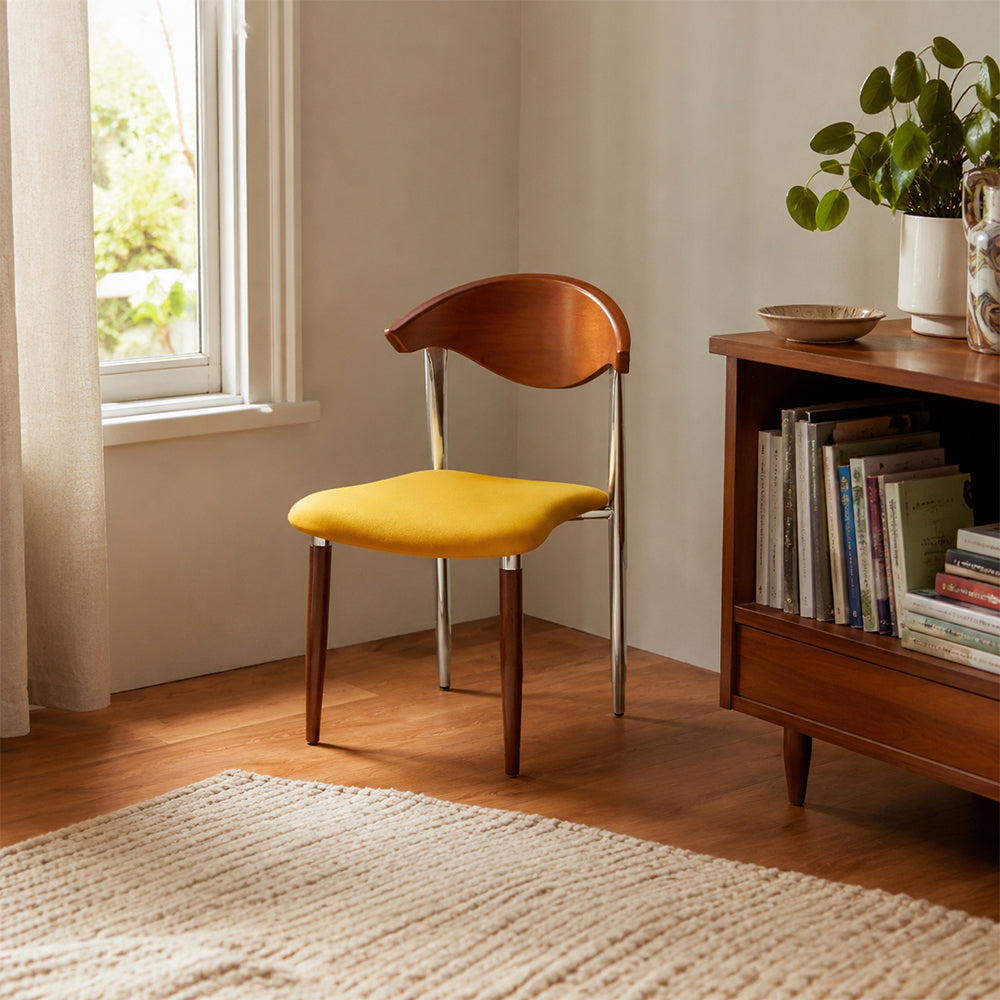 LIVARA Dining Chair - Walnut Wood Backrest with Velvet Seat and Metal Legs, Mid Century Accent Chair for Dining Room & Bedroom - Yellow
