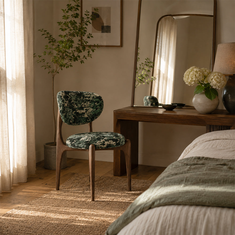 LIVARA Dining Chair - Solid Ash Wood Frame with Textured Fabric Upholstery, Mid Century Accent Chair for Dining Room & Living Space - Green
