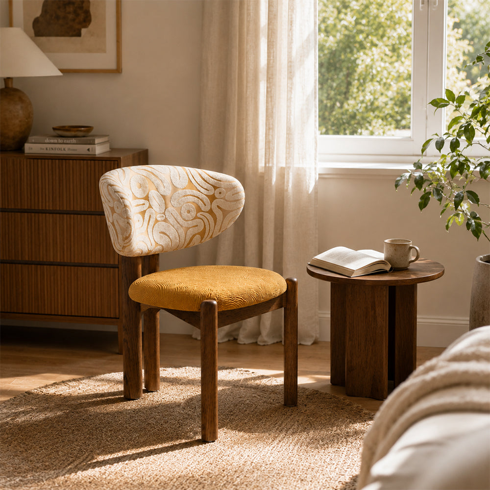 LIVARA Dining Chair - Solid Ash Wood Frame with Premium Chenille Jacquard Upholstery, Mid Century Accent Chair for Dining Room & Living Space - Walnut