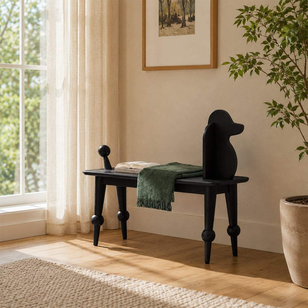 LIVARA Bench - Solid Ash Wood Frame with Vintage Dog Inspired Design, Mid Century Entryway Bench for Bedroom & Living Space - Black