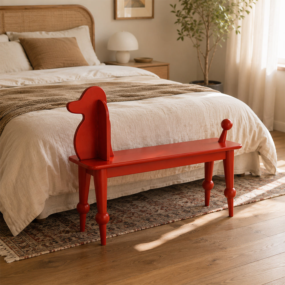 LIVARA Bench - Solid Ash Wood Frame with Vintage Dog Inspired Design, Mid Century Entryway Bench for Bedroom & Living Space - Red