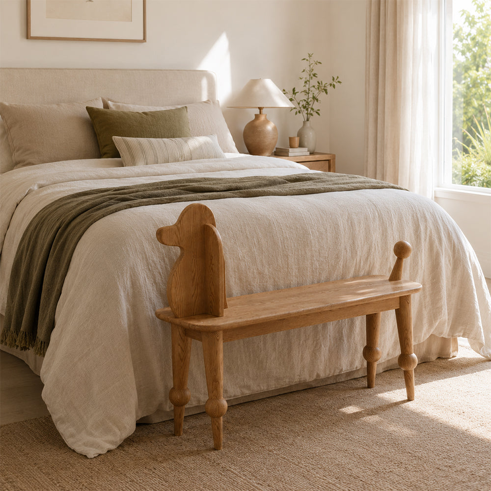 LIVARA Bench - Solid Ash Wood Frame with Vintage Dog Inspired Design, Mid Century Entryway Bench for Bedroom & Living Space - Walnut