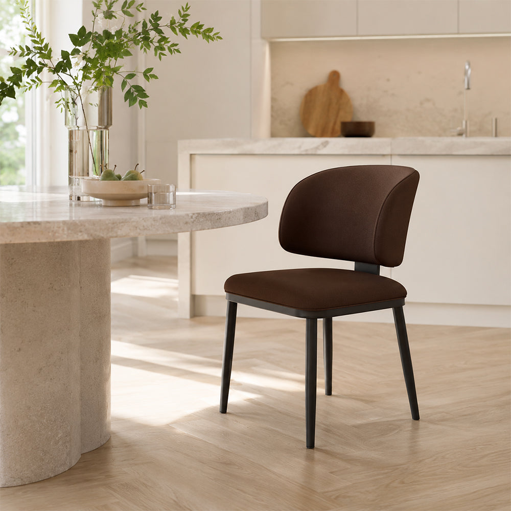 LIVARA Dining Chair - Microfiber Leather Upholstery with Curved Backrest and Metal Legs, Modern Minimalist Accent Chair for Dining Room & Hotel - Brown