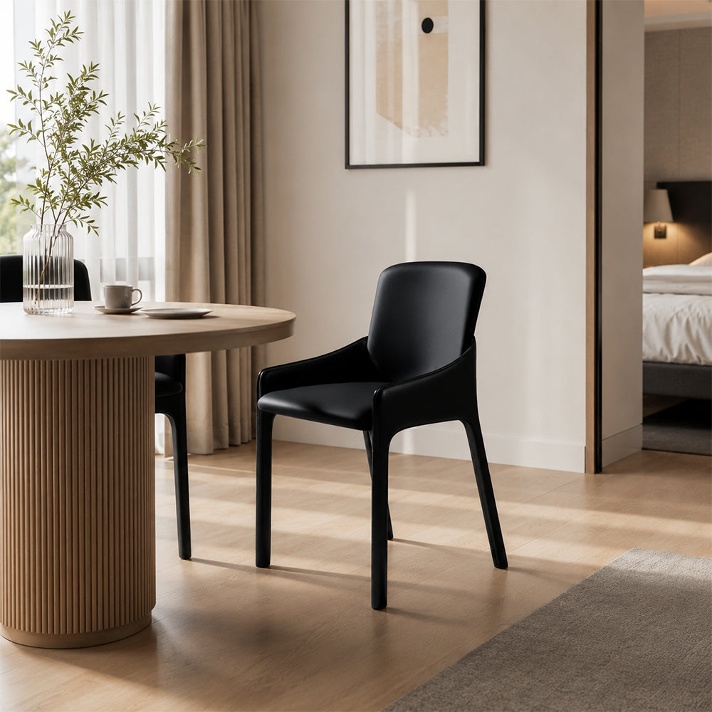 LIVARA Armchair - Premium Saddle Leather Upholstery with Ergonomic Curved Backrest, Modern Minimalist Chair for Dining Room & Living Space - Black