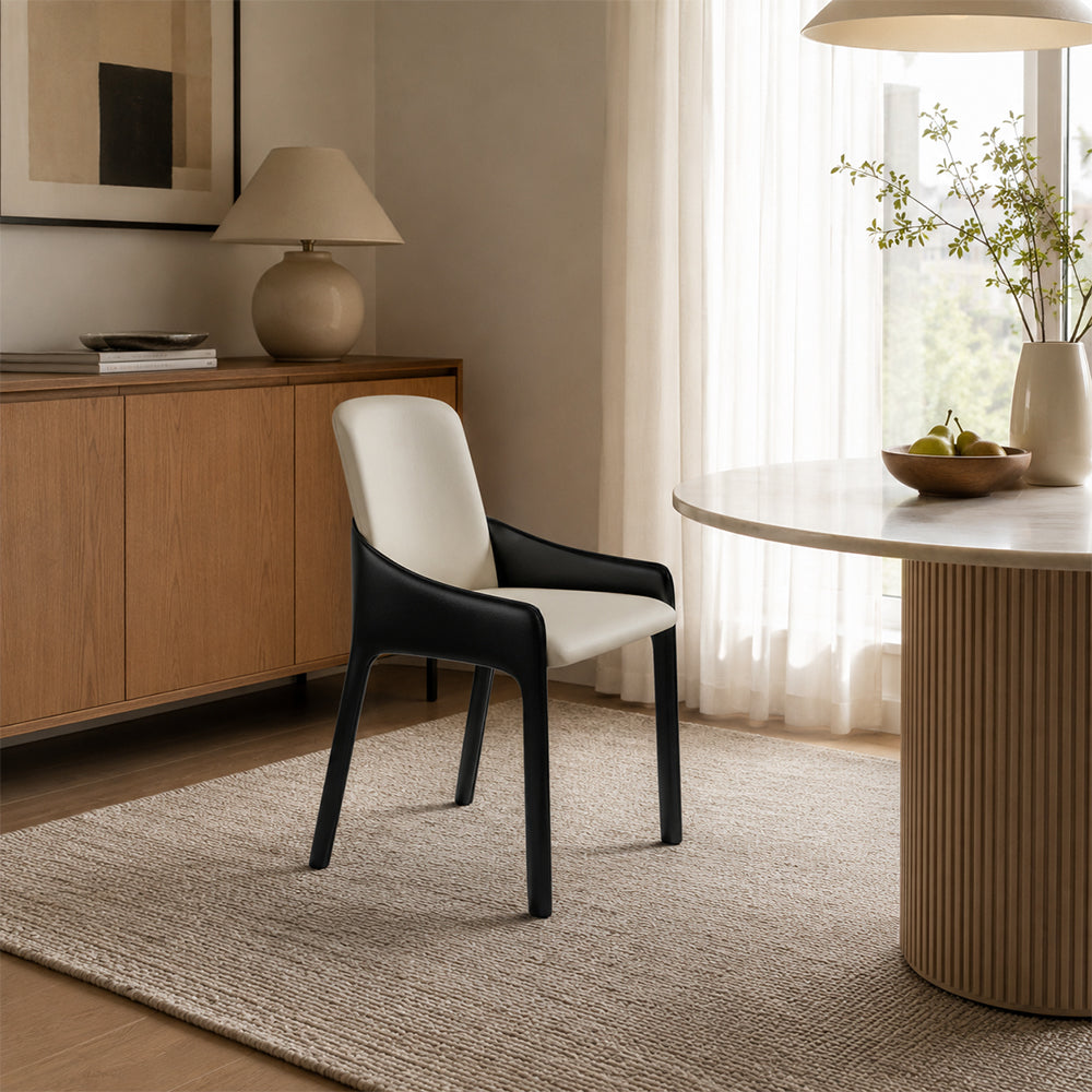 LIVARA Armchair - Premium Saddle Leather Upholstery with Ergonomic Curved Backrest, Modern Minimalist Chair for Dining Room & Living Space - White
