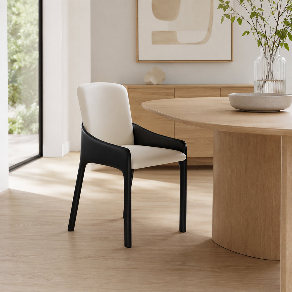 LIVARA Armchair - Premium Saddle Leather Upholstery with Ergonomic Curved Backrest, Modern Minimalist Chair for Dining Room & Living Space - White
