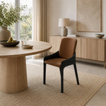 LIVARA Armchair - Premium Saddle Leather Upholstery with Ergonomic Curved Backrest, Modern Minimalist Chair for Dining Room & Living Space - Coffee