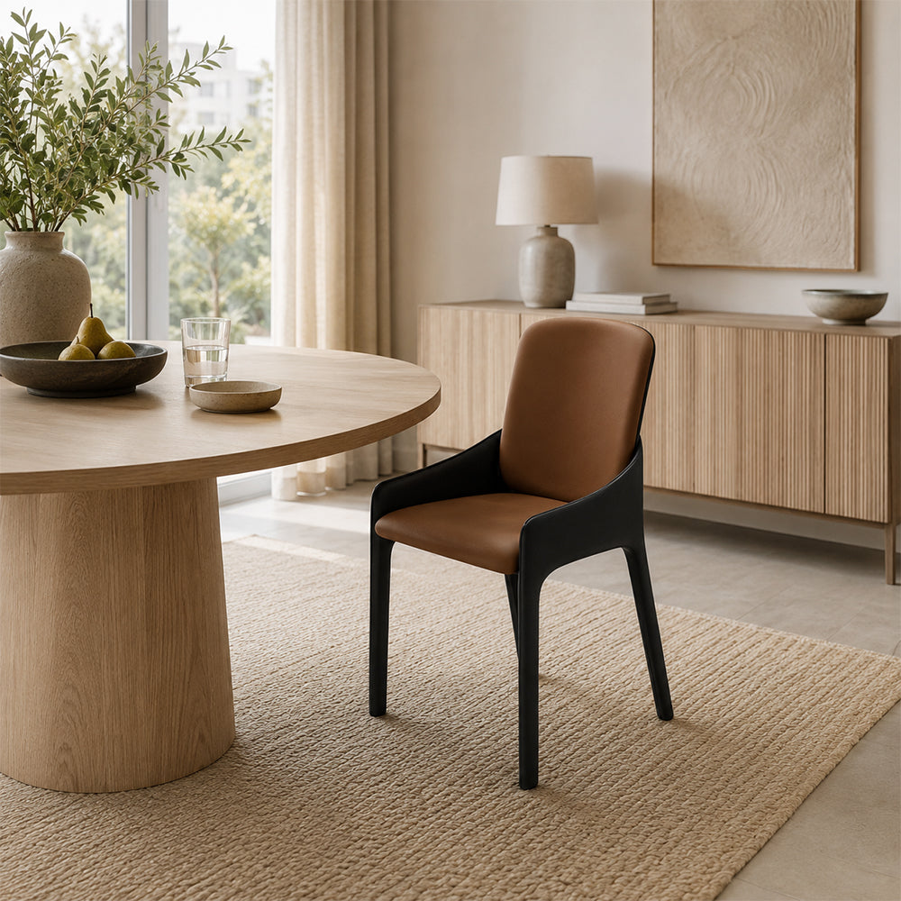 LIVARA Armchair - Premium Saddle Leather Upholstery with Ergonomic Curved Backrest, Modern Minimalist Chair for Dining Room & Living Space - Coffee