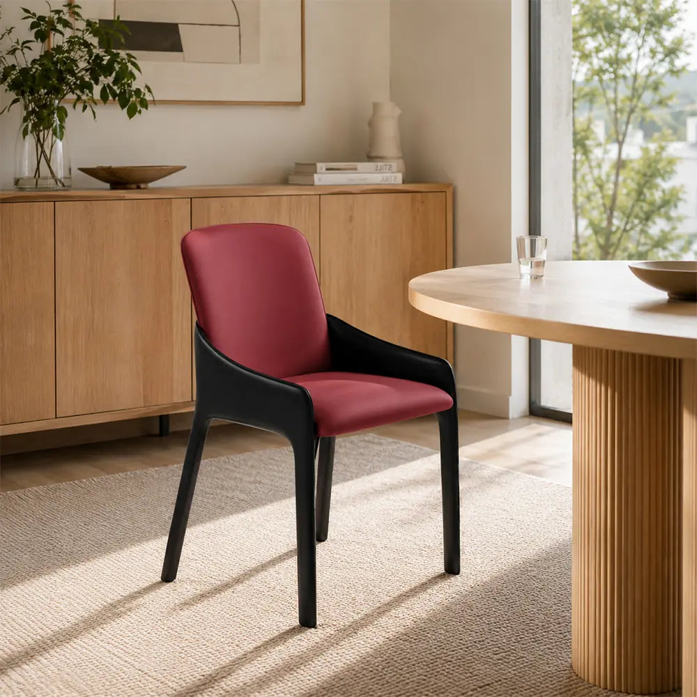 LIVARA Armchair - Premium Saddle Leather Upholstery with Ergonomic Curved Backrest, Modern Minimalist Chair for Dining Room & Living Space - Red