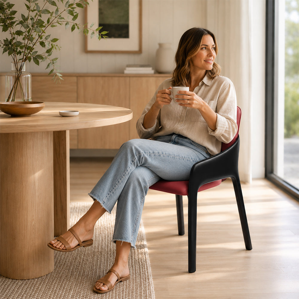 LIVARA Armchair - Premium Saddle Leather Upholstery with Ergonomic Curved Backrest, Modern Minimalist Chair for Dining Room & Living Space - Red