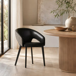 LIVARA Armchair - Premium Leather Upholstery with Curved Wraparound Backrest and Reinforced Metal Frame, Modern Accent Chair for Dining Room - Black