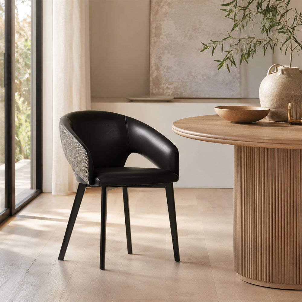 LIVARA Armchair - Premium Leather Upholstery with Curved Wraparound Backrest and Reinforced Metal Frame, Modern Accent Chair for Dining Room - Black