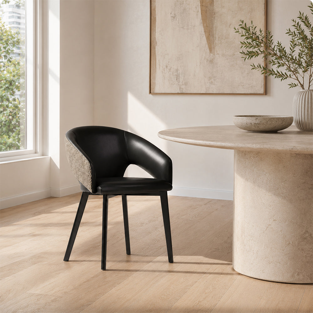 LIVARA Armchair - Premium Leather Upholstery with Curved Wraparound Backrest and Reinforced Metal Frame, Modern Accent Chair for Dining Room - Black