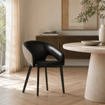 LIVARA Armchair - Premium Leather Upholstery with Curved Wraparound Backrest and Reinforced Metal Frame, Modern Accent Chair for Dining Room - Black