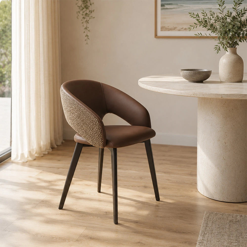 LIVARA Armchair - Premium Leather Upholstery with Curved Wraparound Backrest and Reinforced Metal Frame, Modern Accent Chair for Dining Room - Brown