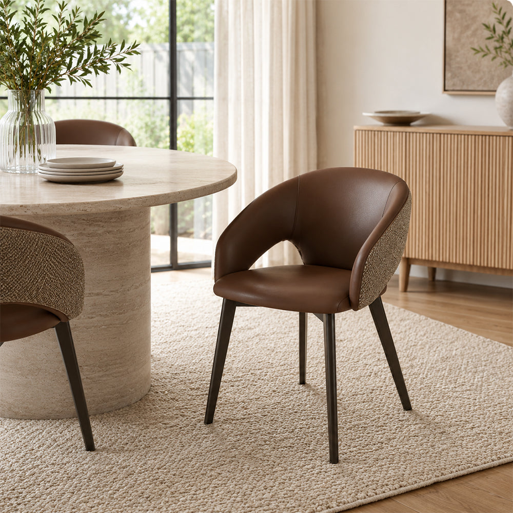 LIVARA Armchair - Premium Leather Upholstery with Curved Wraparound Backrest and Reinforced Metal Frame, Modern Accent Chair for Dining Room - Brown
