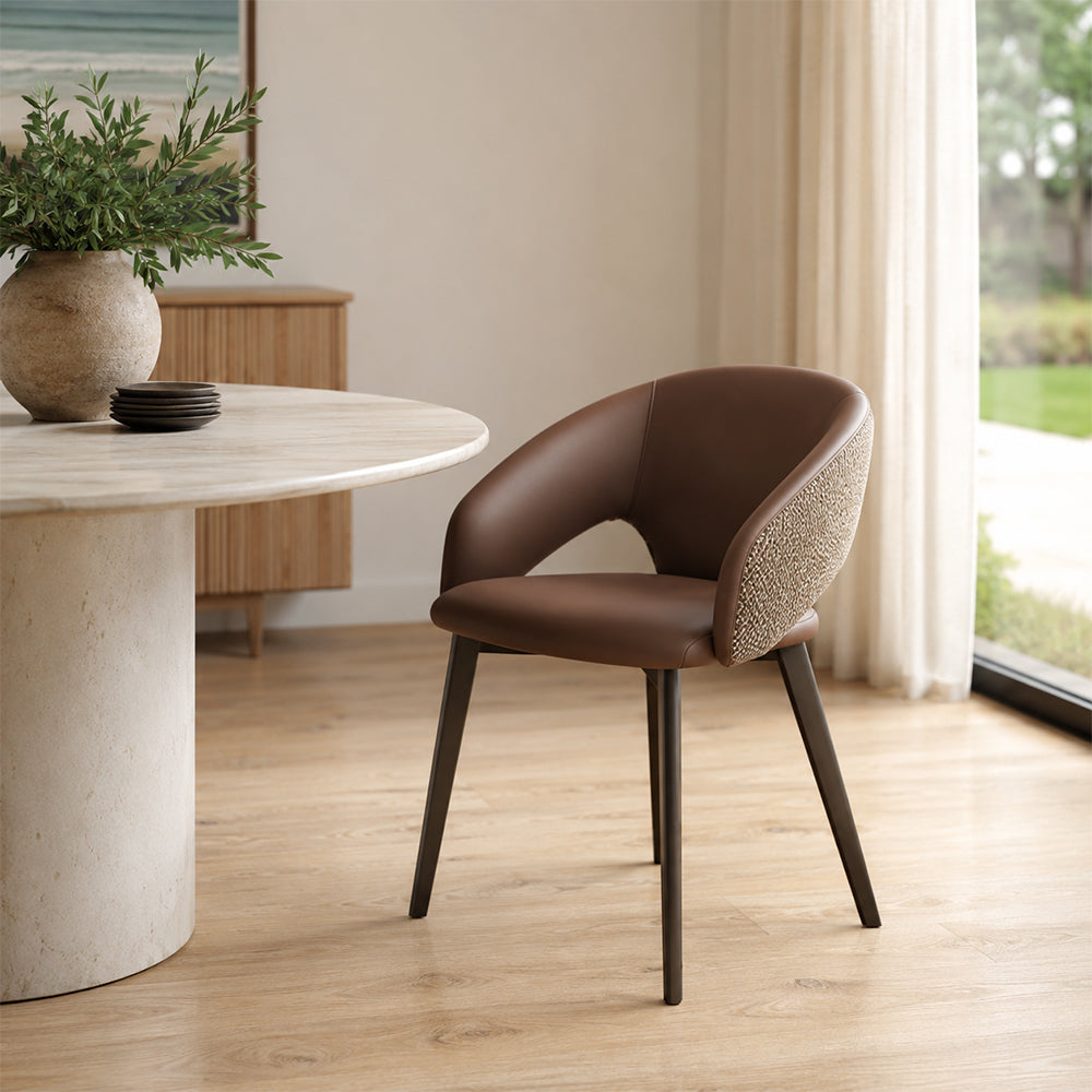 LIVARA Armchair - Premium Leather Upholstery with Curved Wraparound Backrest and Reinforced Metal Frame, Modern Accent Chair for Dining Room - Brown