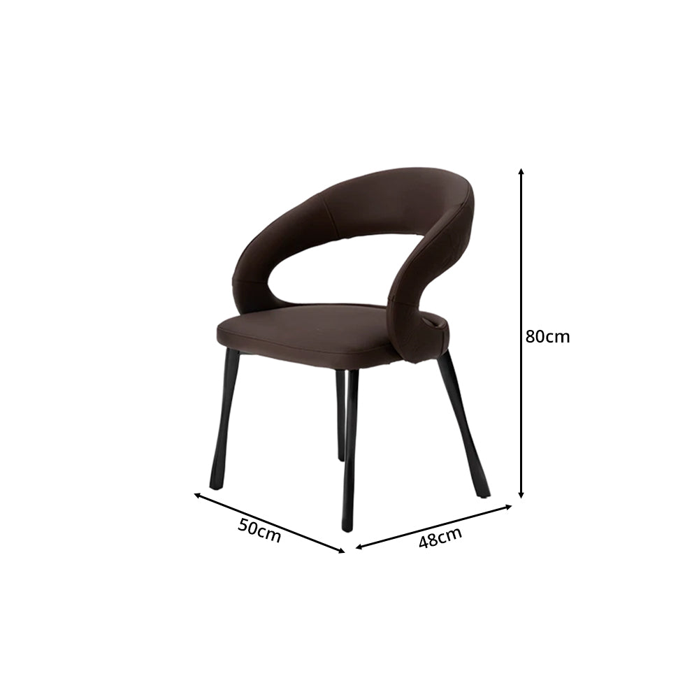 LIVARA Armchair - Premium Leather Upholstery with Sculptural Curved Backrest and Reinforced Metal Frame, Modern Accent Chair for Dining Room - Brown
