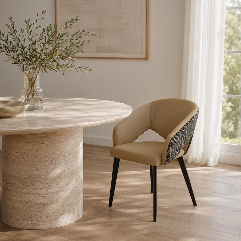 LIVARA Armchair - Premium Leather Upholstery with Curved Wraparound Backrest and Reinforced Metal Frame, Modern Accent Chair for Dining Room - Coffee