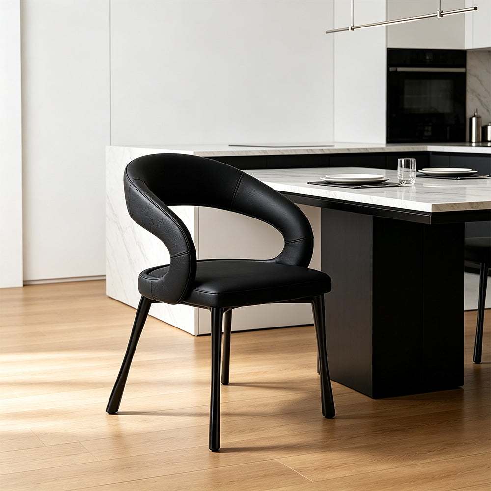 LIVARA Armchair - Premium Leather Upholstery with Sculptural Curved Backrest and Reinforced Metal Frame, Modern Accent Chair for Dining Room - Black