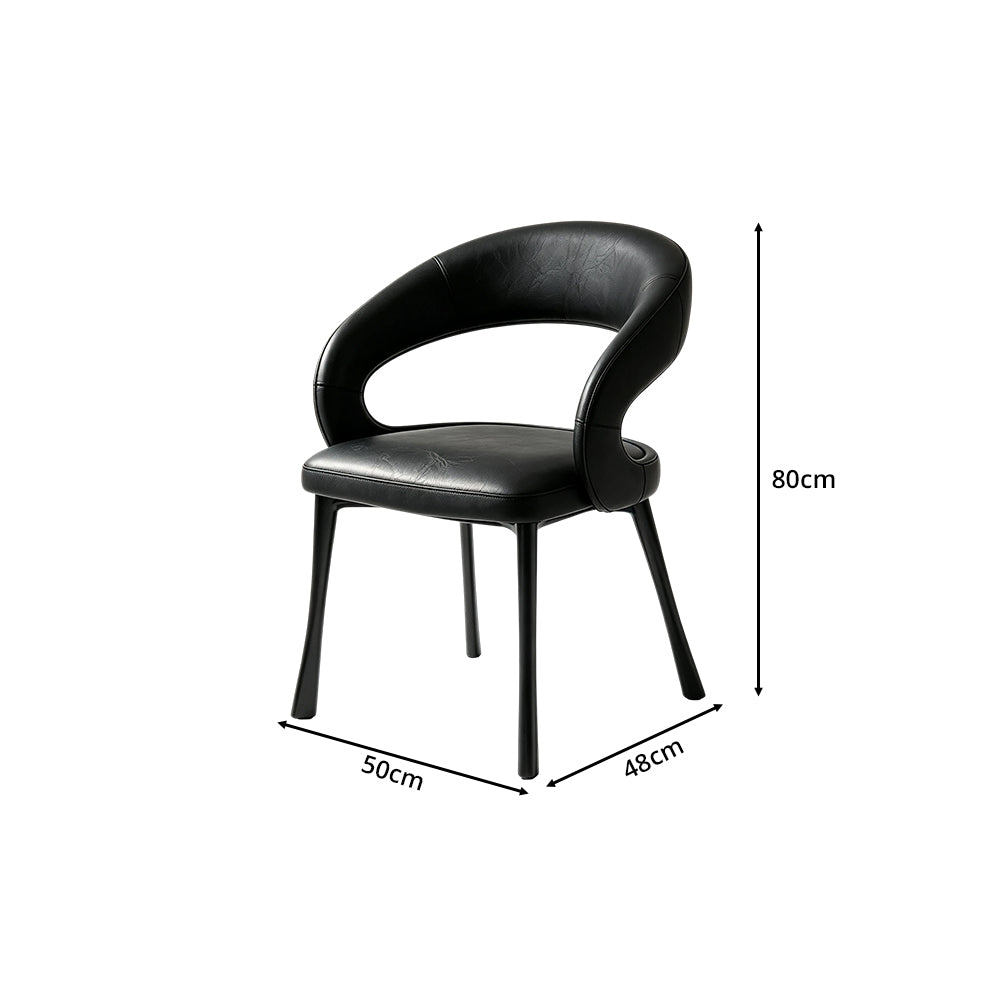 LIVARA Armchair - Premium Leather Upholstery with Sculptural Curved Backrest and Reinforced Metal Frame, Modern Accent Chair for Dining Room - Black