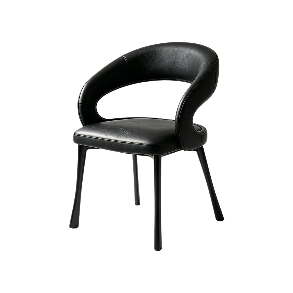 LIVARA Armchair - Premium Leather Upholstery with Sculptural Curved Backrest and Reinforced Metal Frame, Modern Accent Chair for Dining Room - Black