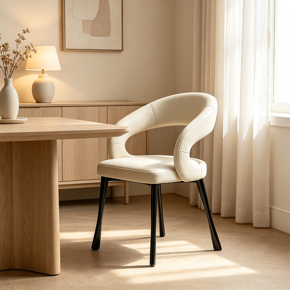 LIVARA Armchair - Premium Leather Upholstery with Sculptural Curved Backrest and Reinforced Metal Frame, Modern Accent Chair for Dining Room - Grey