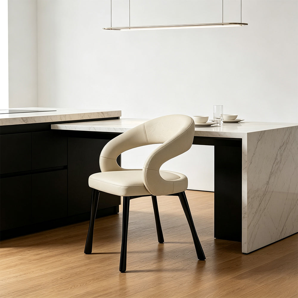 LIVARA Armchair - Premium Leather Upholstery with Sculptural Curved Backrest and Reinforced Metal Frame, Modern Accent Chair for Dining Room - Grey