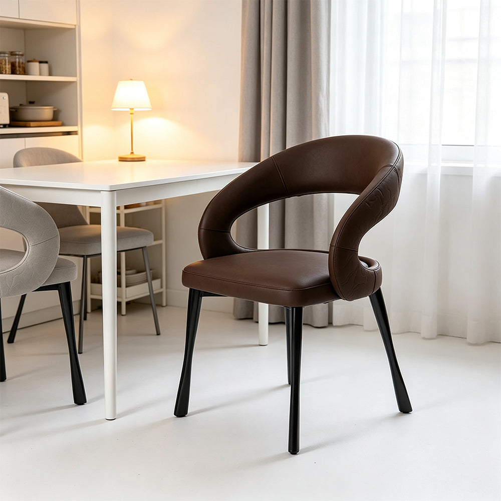 LIVARA Armchair - Premium Leather Upholstery with Sculptural Curved Backrest and Reinforced Metal Frame, Modern Accent Chair for Dining Room - Brown