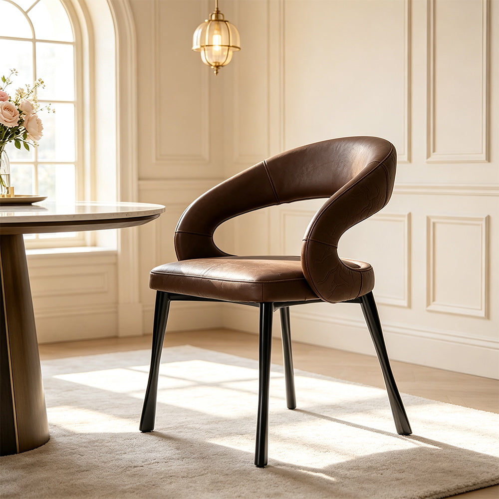 LIVARA Armchair - Premium Leather Upholstery with Sculptural Curved Backrest and Reinforced Metal Frame, Modern Accent Chair for Dining Room - Brown