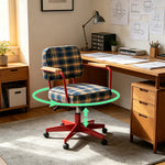 LIVARA Office Chair - Retro Plaid Fabric Upholstery with Wooden Armrests and Adjustable Swivel Base, Mid Century Desk Chair for Home Office - Red