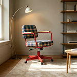 LIVARA Office Chair - Retro Plaid Fabric Upholstery with Wooden Armrests and Adjustable Swivel Base, Mid Century Desk Chair for Home Office - Red