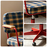 LIVARA Office Chair - Retro Plaid Fabric Upholstery with Wooden Armrests and Adjustable Swivel Base, Mid Century Desk Chair for Home Office - Red