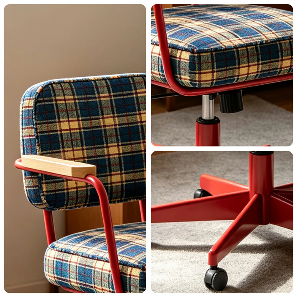 LIVARA Office Chair - Retro Plaid Fabric Upholstery with Wooden Armrests and Adjustable Swivel Base, Mid Century Desk Chair for Home Office - Red