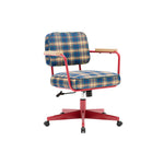 LIVARA Office Chair - Retro Plaid Fabric Upholstery with Wooden Armrests and Adjustable Swivel Base, Mid Century Desk Chair for Home Office - Red