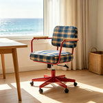 LIVARA Office Chair - Retro Plaid Fabric Upholstery with Wooden Armrests and Adjustable Swivel Base, Mid Century Desk Chair for Home Office - Red