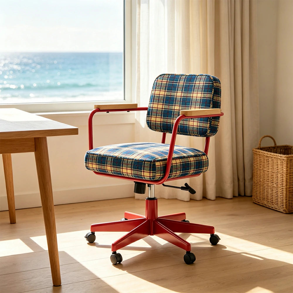 LIVARA Office Chair - Retro Plaid Fabric Upholstery with Wooden Armrests and Adjustable Swivel Base, Mid Century Desk Chair for Home Office - Red