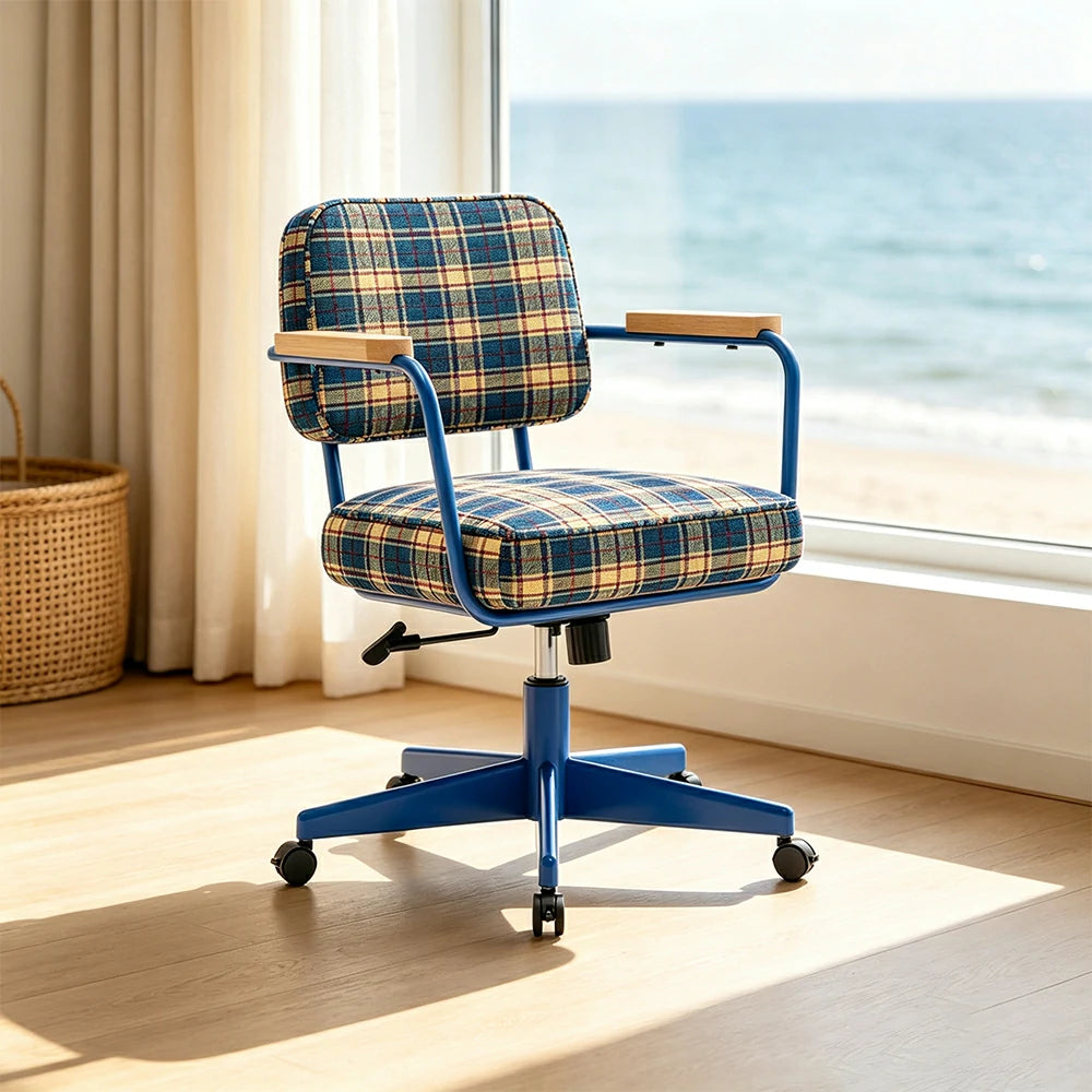 LIVARA Office Chair - Retro Plaid Fabric Upholstery with Wooden Armrests and Adjustable Swivel Base, Mid Century Desk Chair for Home Office - Blue