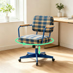 LIVARA Office Chair - Retro Plaid Fabric Upholstery with Wooden Armrests and Adjustable Swivel Base, Mid Century Desk Chair for Home Office - Blue